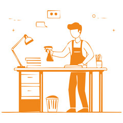 Fototapeta premium A person cleaning a desk with a spray bottle in a workspace environment from a straightforward viewpoint
