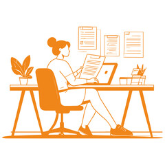 A woman sitting at a desk working on a laptop with papers and a plant nearby