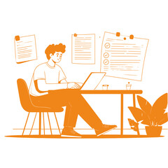 Fototapeta premium Man working on laptop at desk with papers and plant nearby in office setting