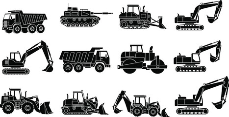 Heavy Construction Machinery Silhouettes Set Including Excavator Bulldozer Dump Truck Road Roller Backhoe Loader and Military Tank Vector Icons Collection © Hafiza