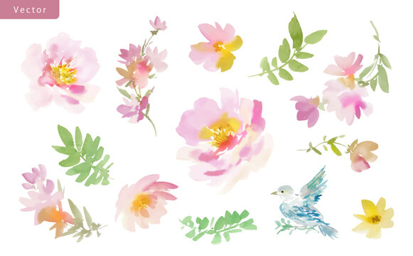Watercolor floral vector clipart set with abstract hand painted dusty pink peonies, wild flowers and little bird for wedding invitation, greeting card and stationary design