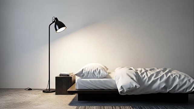 Minimalist Bedroom with a Comfortably Made Bed, Modern Floor Lamp, and Stack of Books for Relaxing Evenings.