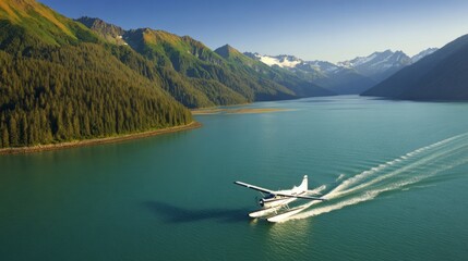 floatplane. Aerial view of a floatplane taxiing on an emerald-green fjord. mobility guides, transit brochures, designed for mobility and urban transit guides, used by cybersecurity analysts.
