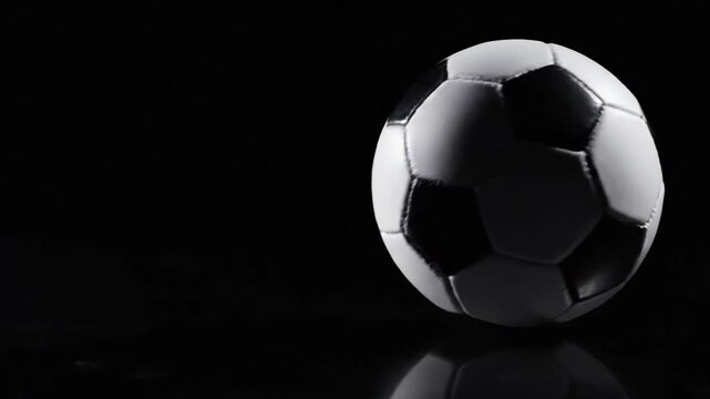 Soccer ball with black and white design on reflective surface