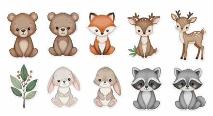 Fototapeta premium Cute watercolor forest animals collection with bears, foxes, deer, bunnies, and raccoons, plus a small green plant branch.