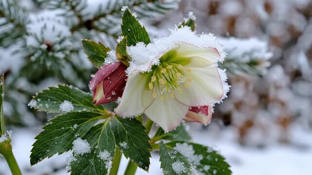Hellebore blossom in winter, snow on petals