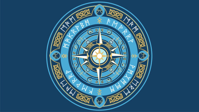 Decorative Runic Compass Emblem with Intricate Knotwork Design on Blue Background