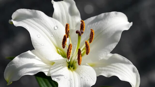 Delicate white lily with prominent stamen and pollen; water droplets glisten on petals
