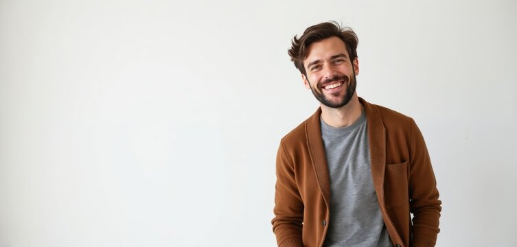Young man with beard smiles broadly against white background. He wears brown cardigan over grey t-shirt, looking happy and relaxed. Casual style, friendly expression, approachable demeanor.