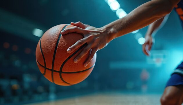 Close up of basketball player hand holding orange ball on court. Dynamic lighting. Blurred background shows audience and stadium lights. Focus on ball and hand.