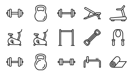 Fototapeta premium Minimalist Gym Equipment Line Icons Set Featuring Dumbbells, Kettlebells, Barbells, Weight Bench, Treadmill, Exercise Bikes, Pull-up Bar, Resistance Band, Jump Rope, and Yoga Mat for Fitness Design