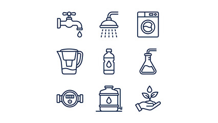 Minimalist Vector Line Icon Set for Water Conservation and Purification Featuring Tap, Shower, Washing Machine, Filter Pitcher, Water Bottle, Lab Flask, Meter, Cooler, and Hand with Growing Plant.