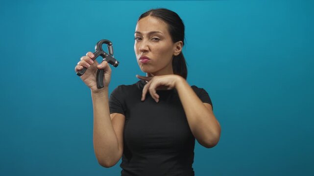Hispanic young brunette woman holding a hand gripper and pointing finger toward camera in turquoise studio setting while wearing a black top and direct gaze; confidence focus.