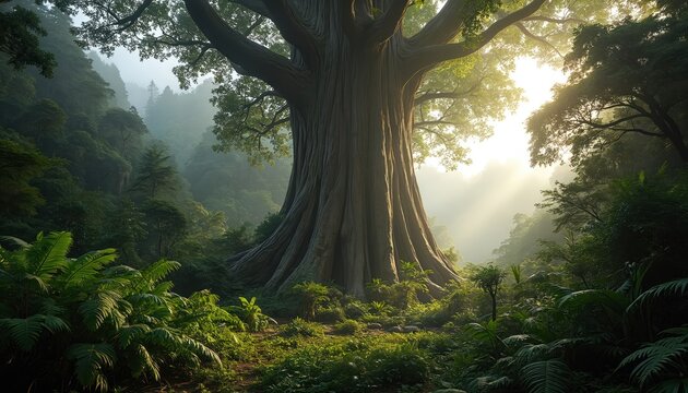 Gigantic ancient kauri tree stands in dense green forest. Sunlight rays pierce thick fog creating hazy atmosphere. Lush foliage surrounds massive old wood. Nature wonder.