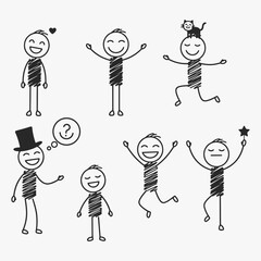 Funny stick figures with positive emotions with different expressions and poses.