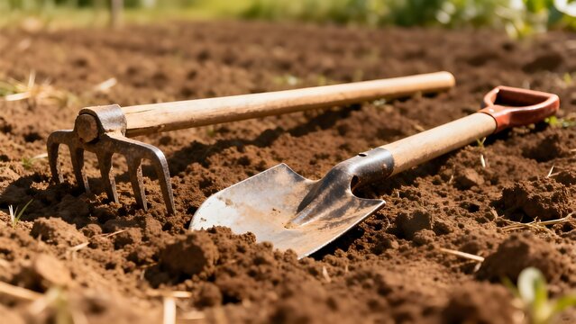 Traditional farming tools placed on soil in a rural field, representing agriculture work, manual labor, and countryside farming lifestyle.