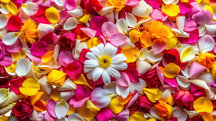 Vibrant flower petals in pink, yellow, and white create a stunning floral mosaic