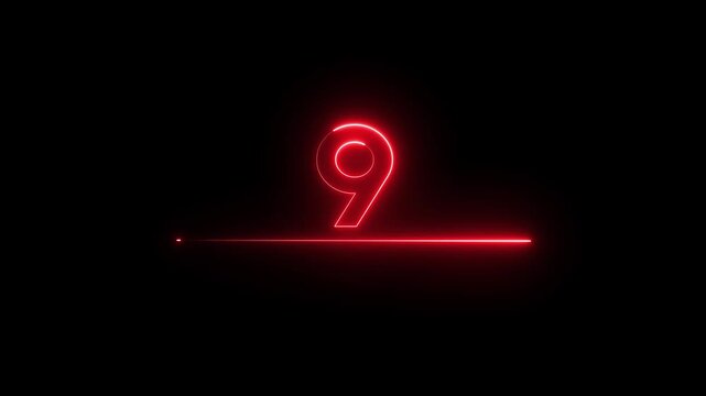 Neon count business number animation. Neon 9 number text on black background.