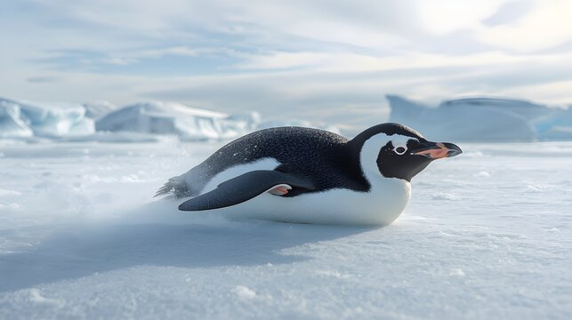 Gentoo Penguin Sliding on Belly Across Arctic Ice Field, Tobogganing in Snowy Landscape