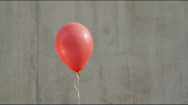 Red balloon floating beside concrete wall with string and soft shadow, single minimal scene conveying calm playful and gentle mood