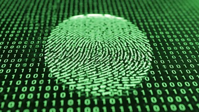 Green binary code background with a glowing fingerprint overlay