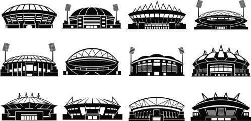 Vector set of black stadium silhouettes featuring sport arenas with floodlights, soccer fields, and modern architectural domes for championship tournament design icons and logos. © MDASIKUL