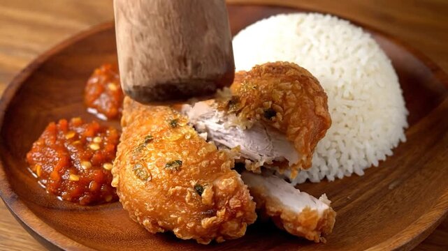 Delicious Crispy Fried Chicken Served with Rice and Spicy Sambal Sauce.