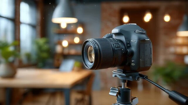 Professional camera on a tripod in a modern office setting