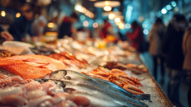 Fishing industry retail fish market stalls fresh fish on blurred background 