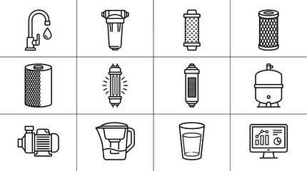 Minimalist Line Art Icon Set for Water Purification and Filtration Systems Featuring Faucet, Filter Cartridges, UV Sterilizer, Storage Tank, Pump, Pitcher, Glass, and Digital Monitoring Dashboard.