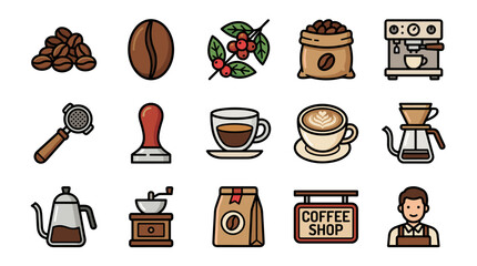 Professional Coffee Icon Set Featuring Espresso Machine, Barista, Roasted Beans, Grinder, Tamper, and Latte Art in Bold Outline Style for Cafe Branding, Menu Design, and Web Graphics.