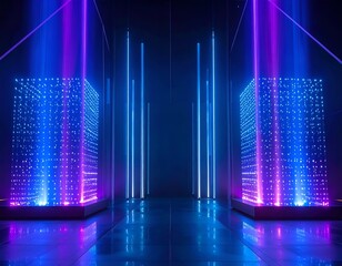 Futuristic glowing tech hall, with data cubes, neon lights and reflections