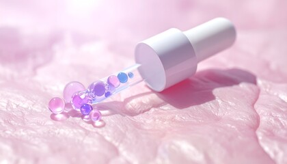 Dropper with vibrant serum beads on textured, pastel-pink surface
