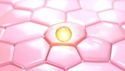 Microscopic view of skin cells with a glowing golden sphere