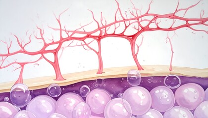 Watercolor anatomical illustration showing skin layers, vessels, and bubbles