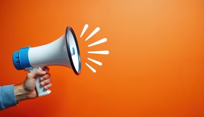 Hand holds megaphone announcing sales and discounts. Modern marketing banner for product promotion and business communication. Attention grabber for public announcements.