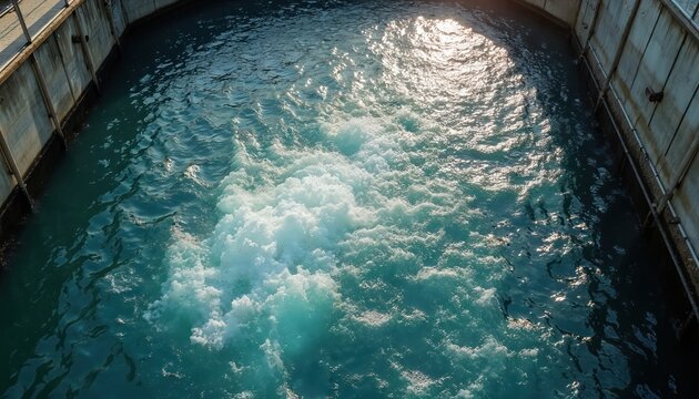 Aeration tank in wastewater treatment. Water bubbles vigorously with sunlight on surface. Shows complex water purification process. Industrial facility cleans waste water.