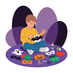 Naklejka premium Creative Child Crafting Halloween Decorations With Festive Supplies For Spooky Fun