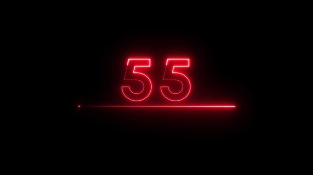 Neon count business number animation. Neon 55 number text on black background.