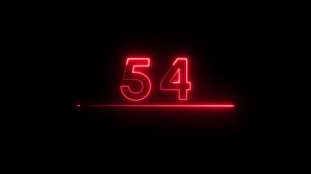 Neon count business number animation. Neon 54 number text on black background.