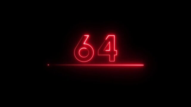 Neon count business number animation. Neon 64 number text on black background.