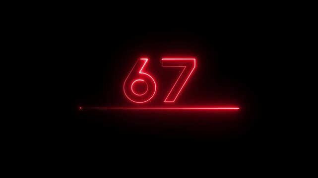 Neon count business number animation. Neon 67 number text on black background.