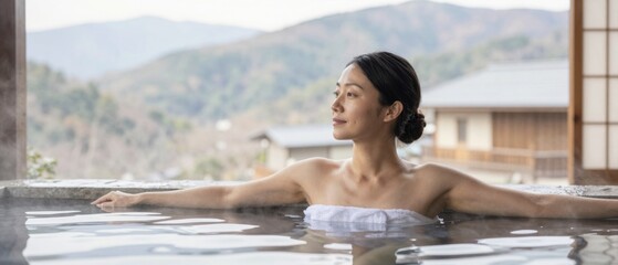 Woman relaxing in outdoor Japanese onsen hot spring with mountain village view wellness travel concept