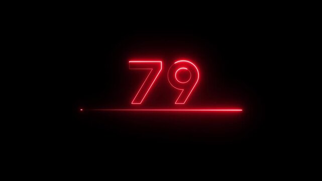 Neon count business number animation. Neon 79 number text on black background.