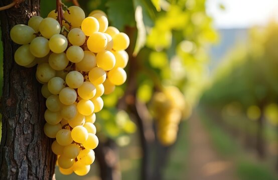 Ripe white grapes cluster on vine tree in Italian vineyard bathed in warm sunlight. Ready for harvest, Glera variety, producing Prosecco wine.
