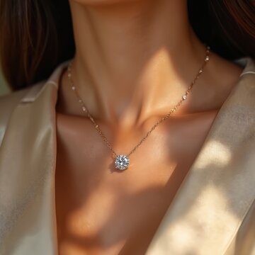 Woman wears shiny diamond pendant necklace on her neck. Elegant jewelry rests on soft satin fabric. Classic solitaire gemstone piece offers luxury and style.