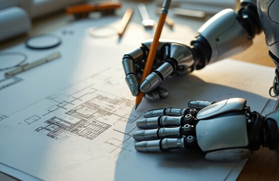 Robot hand draws building blueprint on paper with pencil. Advanced machine designs architectural plans using drafting tools on desk. Future technology aids engineering projects.