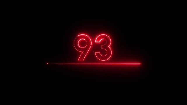 Neon count business number animation. Neon 93 number text on black background.