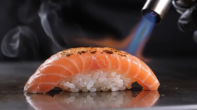 Fresh Salmon Nigiri Torched with Blue Flame - Japanese Culinary Preparation Process