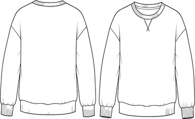 Technical Fashion Sketch of Unisex Crewneck Sweatshirt Vector Template Featuring Drop Shoulder V Stitch Detail Ribbed Cuffs and Hem Mockup (20 words) © MDASIKUL